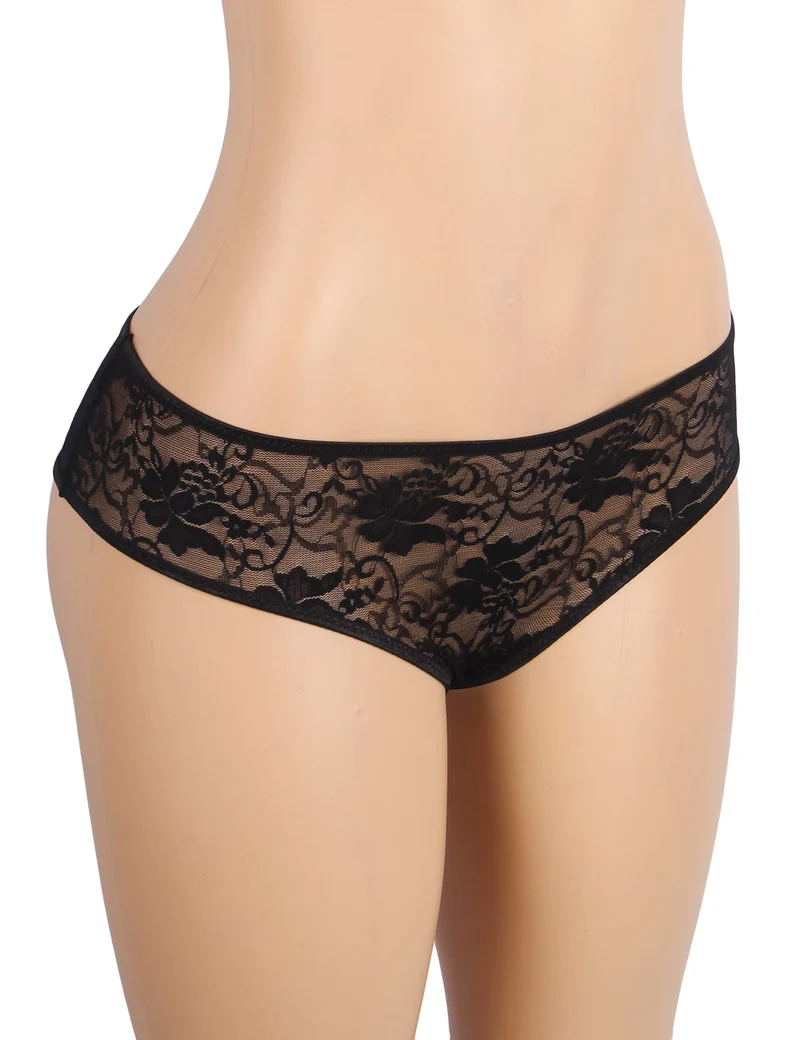Schwarzer Triangel-Slip aus Spitze mit mehrlagigem Rückenteil, Schleifendetail und offenem Schritt