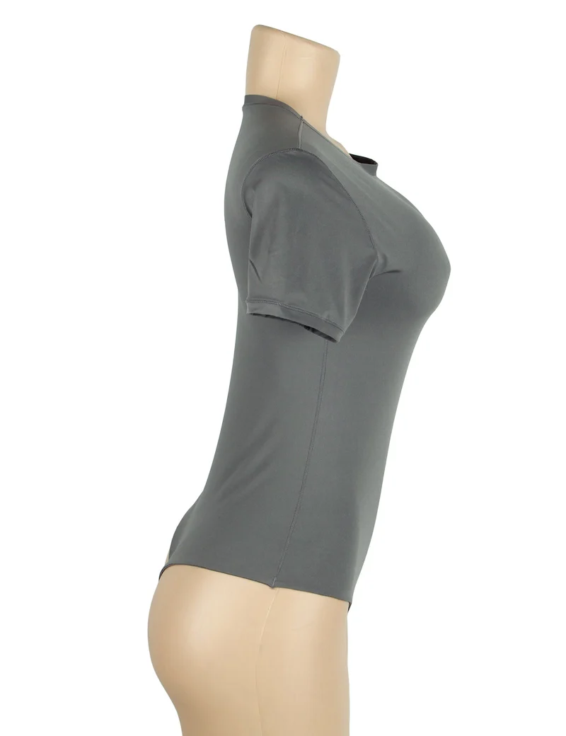 Grauer Kurzarm-Body – Gebürstetes Nylon, Rundhalsausschnitt & verstellbarer Schritt