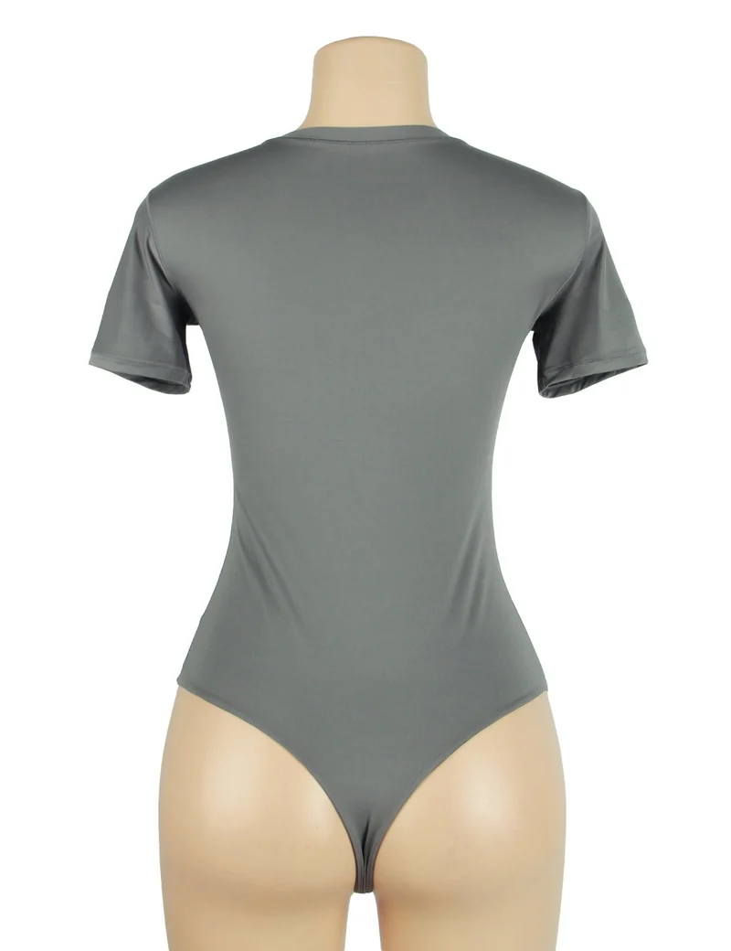 Grauer Kurzarm-Body – Gebürstetes Nylon, Rundhalsausschnitt & verstellbarer Schritt