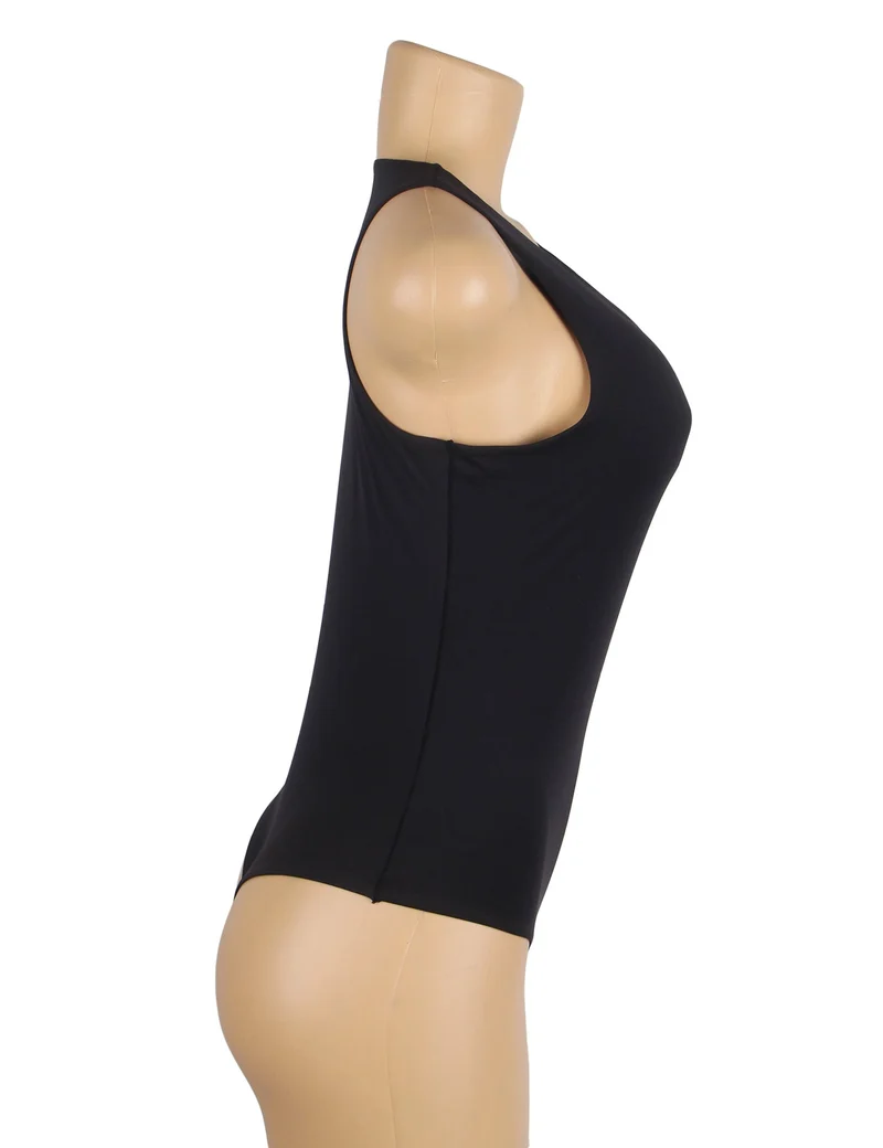 Schwarzer ärmelloser Body – Gebürstetes Nylon, Rundhalsausschnitt & Druckknopf im Schritt