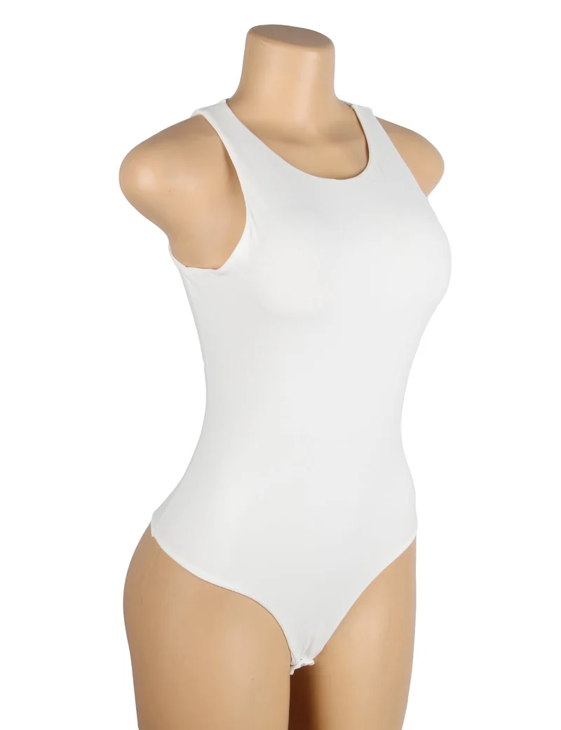 Weißer ärmelloser Body – Gebürstetes Nylon, Rundhalsausschnitt & Druckknopf im Schritt