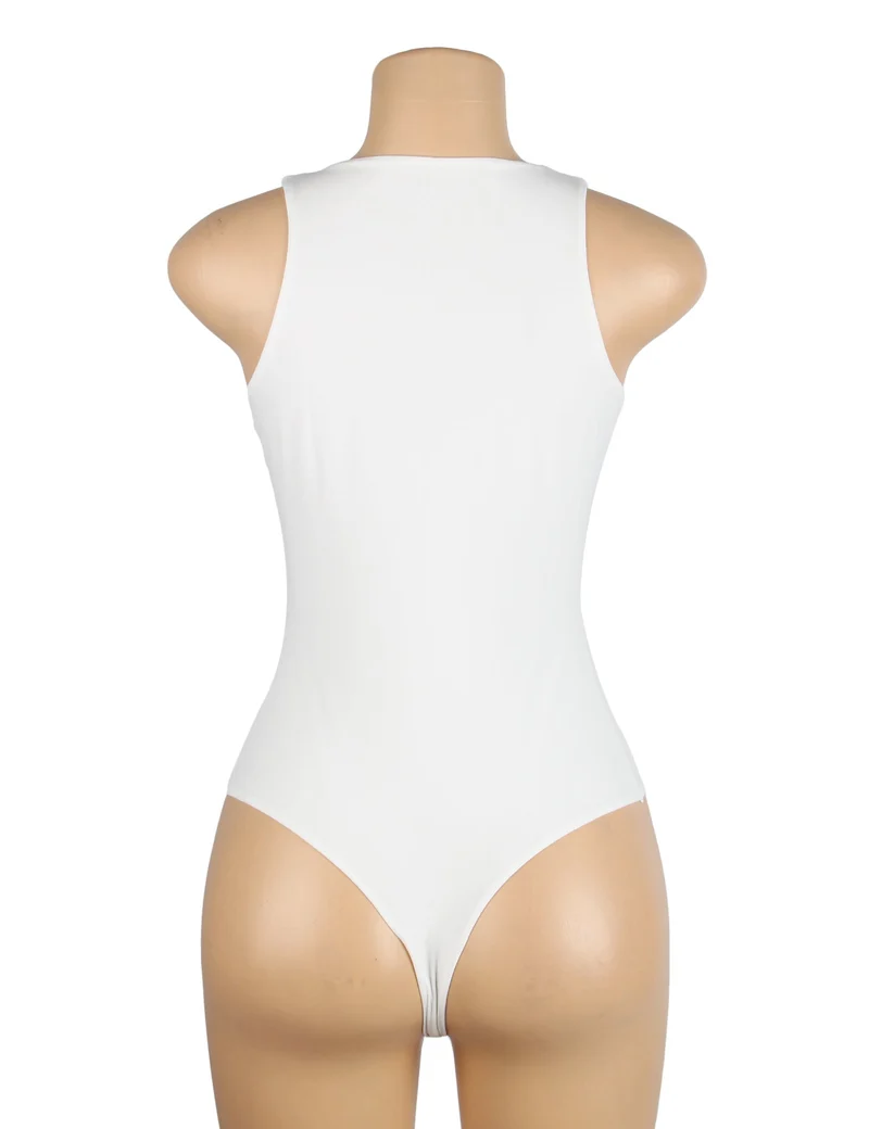Weißer ärmelloser Body – Gebürstetes Nylon, Rundhalsausschnitt & Druckknopf im Schritt