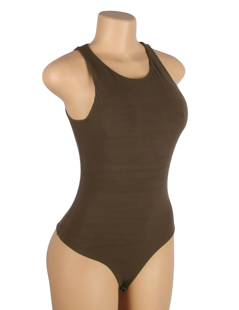 Brauner ärmelloser Body – Gebürstetes Nylon, Rundhalsausschnitt & Druckknopf im Schritt