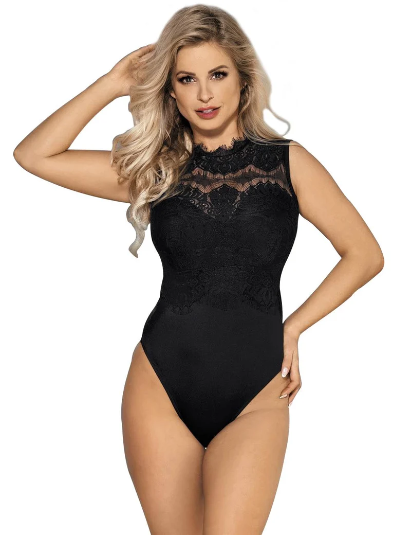 Schwarzer ärmelloser Body – Brustpartie mit Wimpernspitze, Rückenpartie mit Perlmuttknöpfen und Netzgewebe.