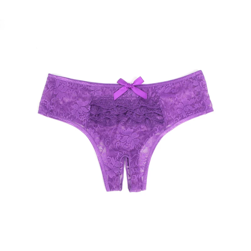 Lila Spitzen-Triangel-Slip mit mehrlagigem Rückenbesatz, Schleifendetail und offenem Schritt