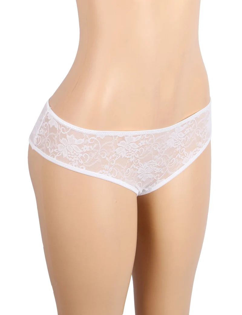 Weißer Spitzen-Triangel-Slip mit mehrlagigem Rückenteil, Schleifendetail und offenem Schritt