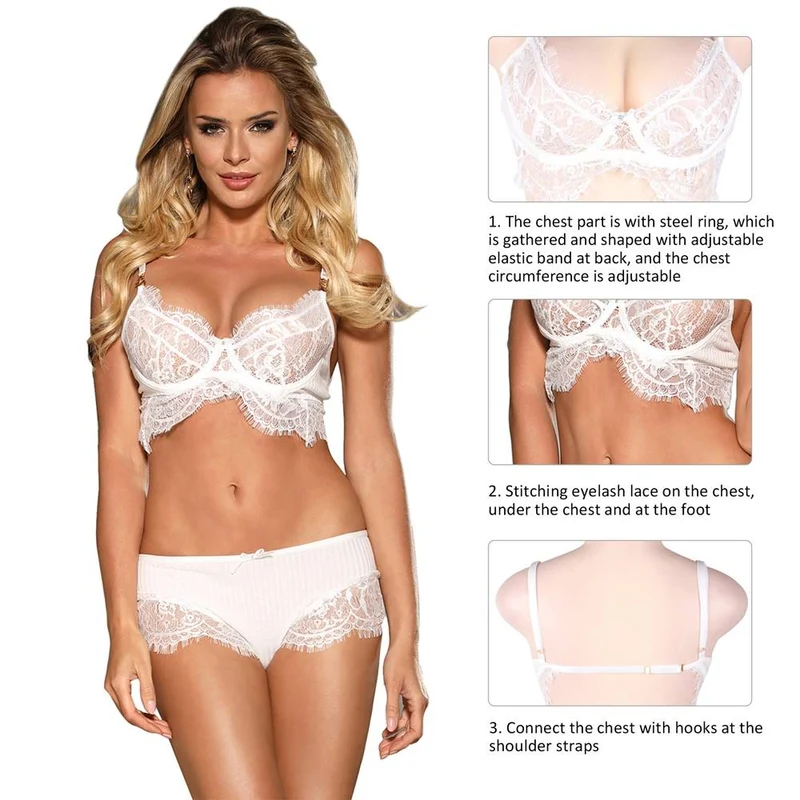 Weißes Bügel-Bralette-Set aus Wimpernspitze mit Haken-Schulterträgern und passendem Höschen