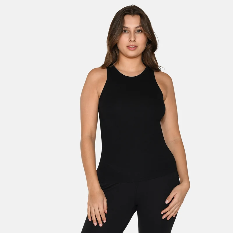 Schwarzes Bambus-Tanktop mit geripptem Stoff und breiten Trägern