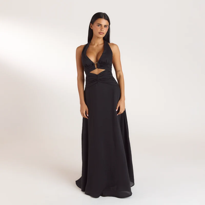 Ruched Tencel Maxi Dress - Black