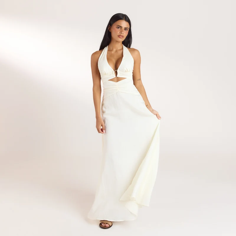 Ruched Tencel Maxi Dress - Cream