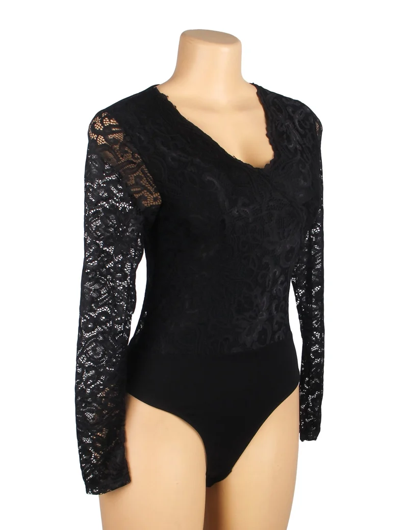 Schwarzer Body aus Spitze und Nylon mit V-Ausschnitt und Druckknöpfen im Schritt