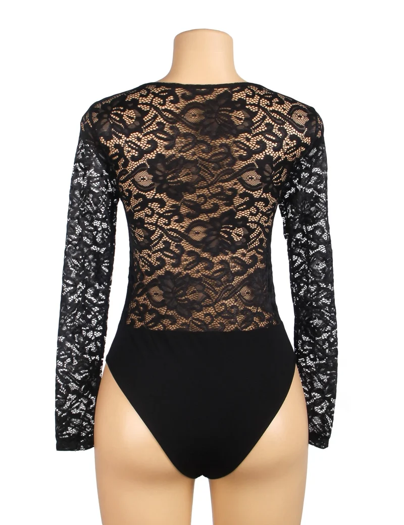 Schwarzer Body aus Spitze und Nylon mit V-Ausschnitt und Druckknöpfen im Schritt