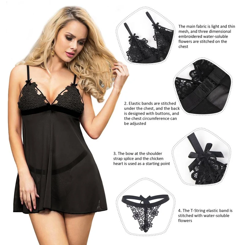 Schwarzes Babydoll aus Mesh mit 3D-Blumenstickerei, Schmetterlingsschleife und besticktem String-Set