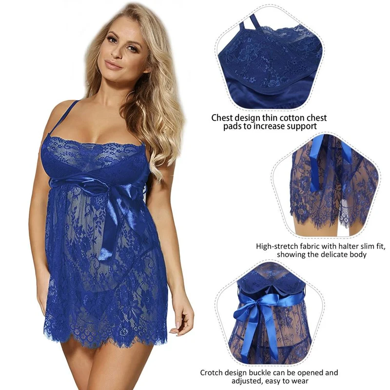 Babydoll-Set aus blauer Wimpernspitze mit Schleifenbesatz, Taillengürtel und G-String
