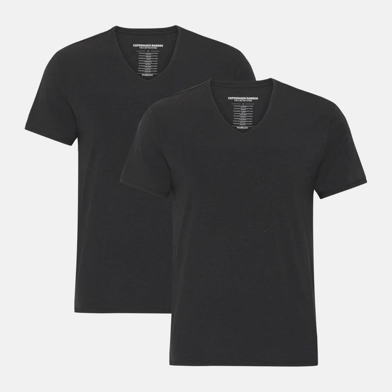 2er-Pack Schwarzes schmal geschnittenes Bambus-T-Shirt mit V-Ausschnitt