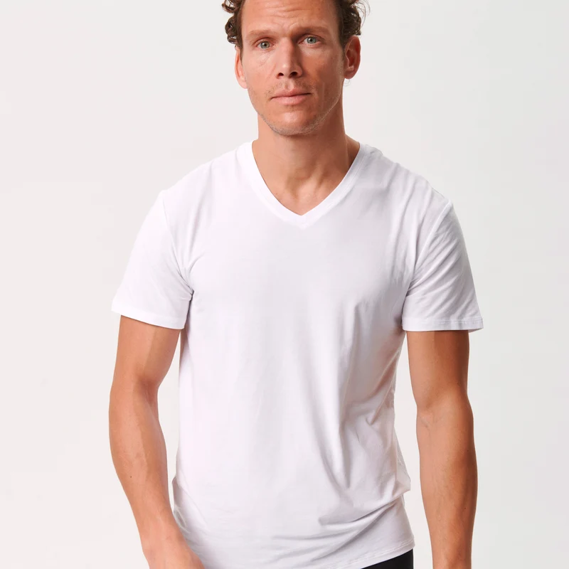 2er-Pack Weißes schmal geschnittenes Bambus-T-Shirt mit V-Ausschnitt