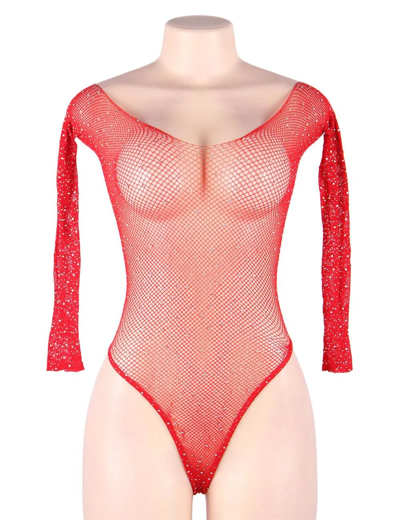 Roter Netz-Body mit langen Ärmeln, schulterfrei und Strassbesatz