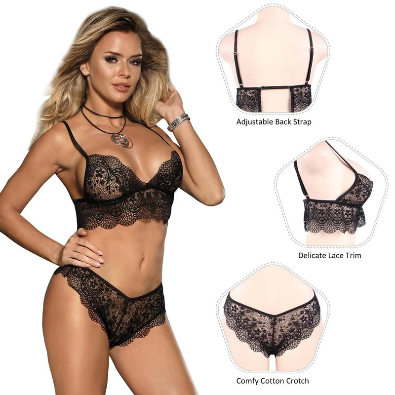 Schwarzes 3D-Spitzen-Mesh-Bralette-Set mit Rüschenrand am Cup und passendem Höschen