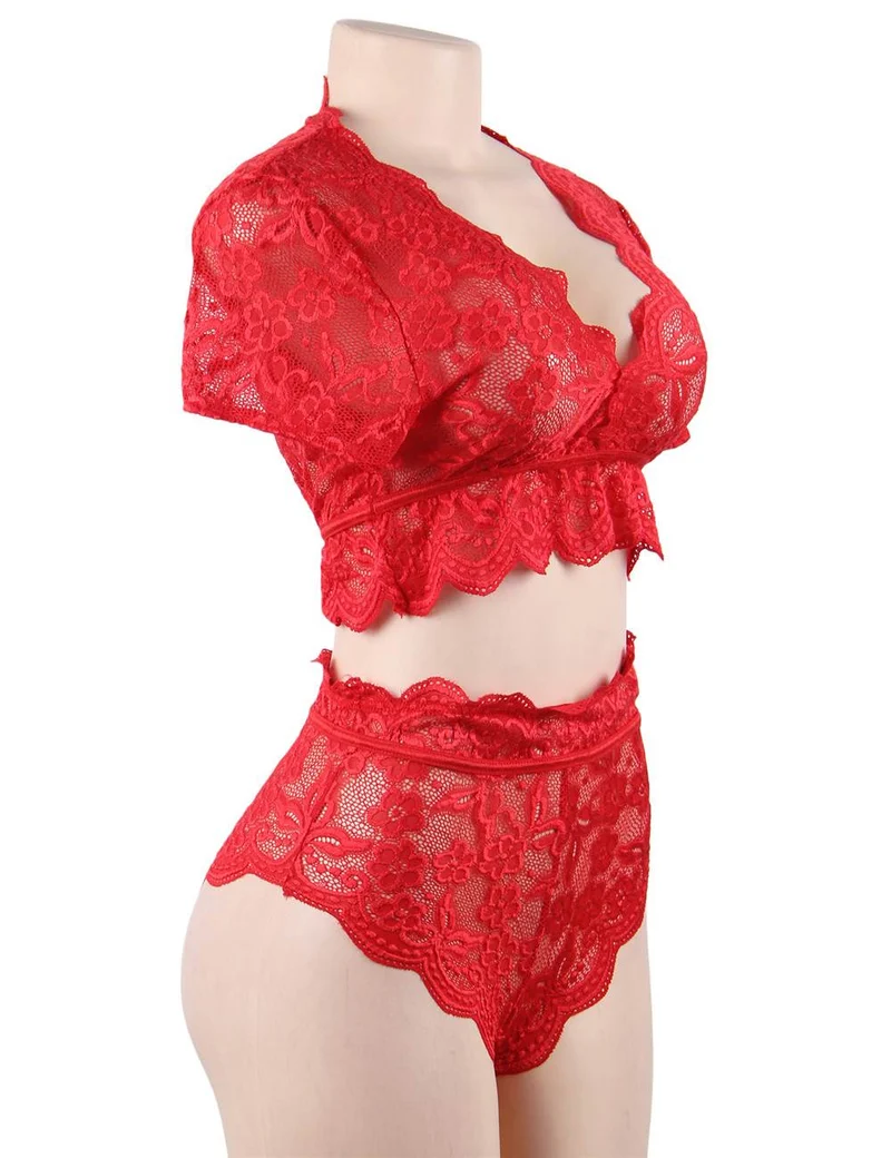 Set aus rotem, glänzendem Spitzen-Crop-BH mit tiefem V-Ausschnitt und hochgeschnittenem Höschen
