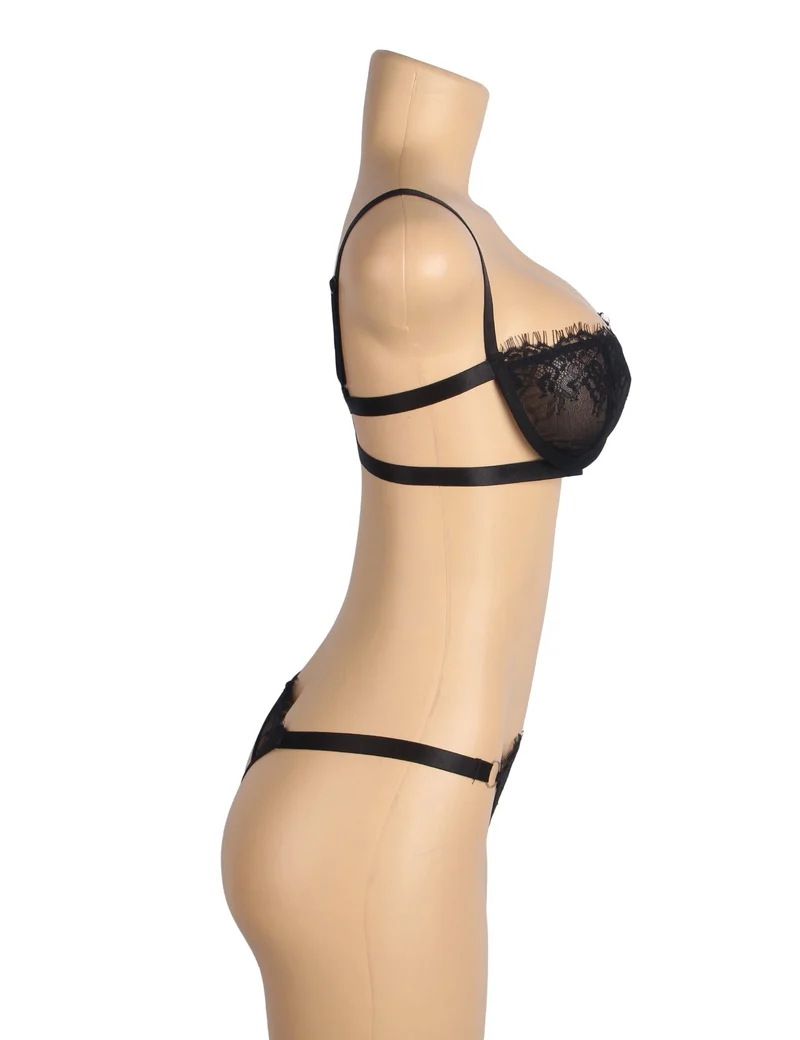 Schwarzes Bügel-BH-Set aus Wimpernspitze mit elastischem Unterbrustband und verstellbaren Trägern