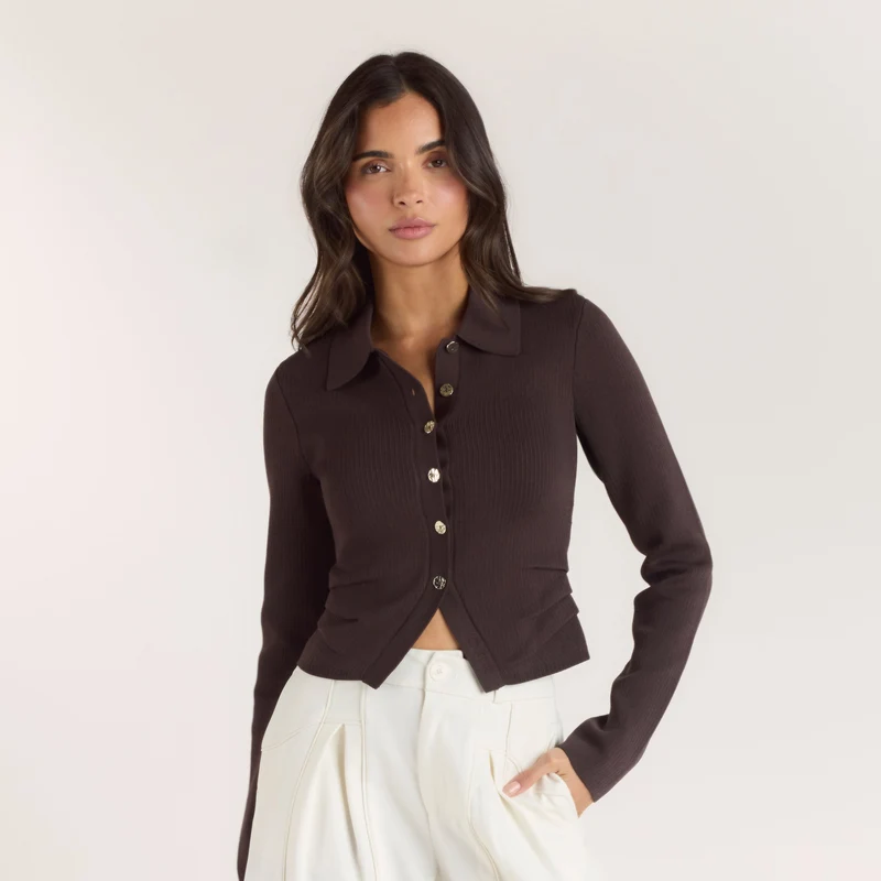 Ribbed Knitted Cardigan - Chocolate