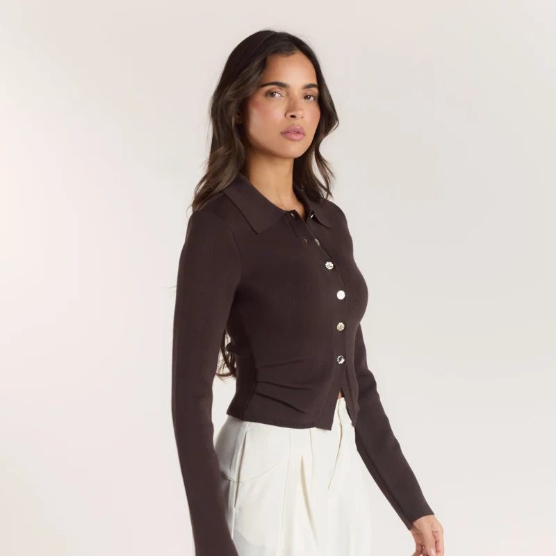Ribbed Knitted Cardigan - Chocolate