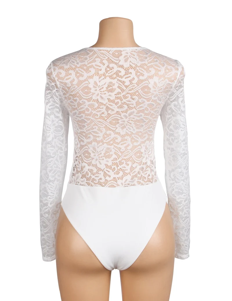 Weißer Body aus Spitze und Nylon mit V-Ausschnitt und Druckknöpfen im Schritt