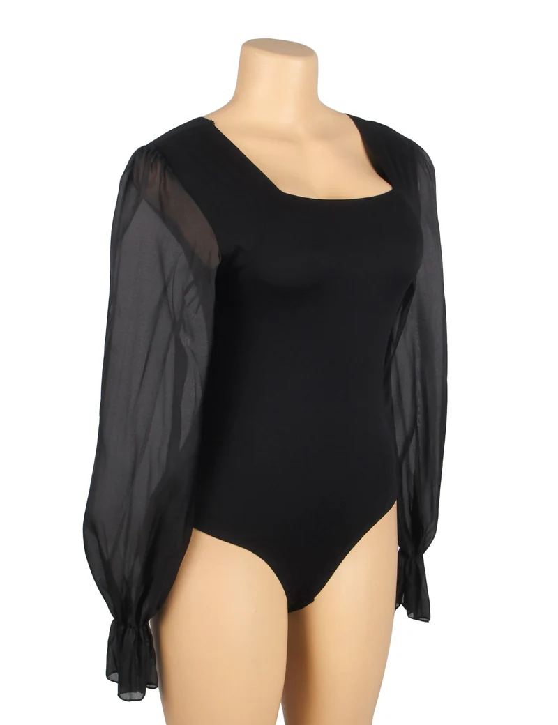 Schwarzer Chiffon-Body mit Puffärmeln, eckigem Ausschnitt und Druckknöpfen im Schritt