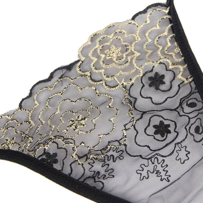 Schwarzes Babydoll aus Mesh mit Stahlring, Wimpernspitze, offenem Rücken, Schlitz und passendem String-Set