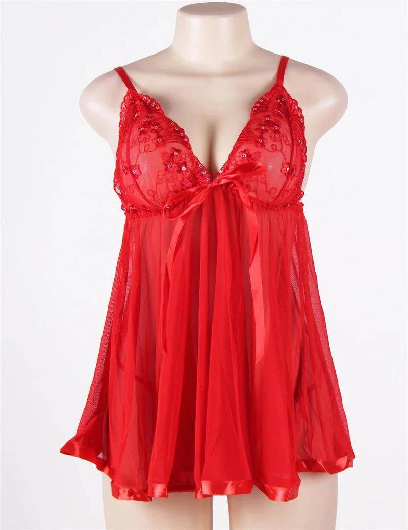Rotes Pailletten-besticktes Mesh-Babydoll- und String-Set