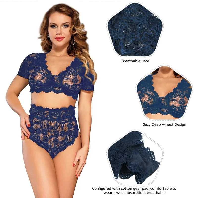 Set aus dunkelblauem, glänzendem Spitzen-Crop-BH mit tiefem V-Ausschnitt und hochgeschnittenem Höschen