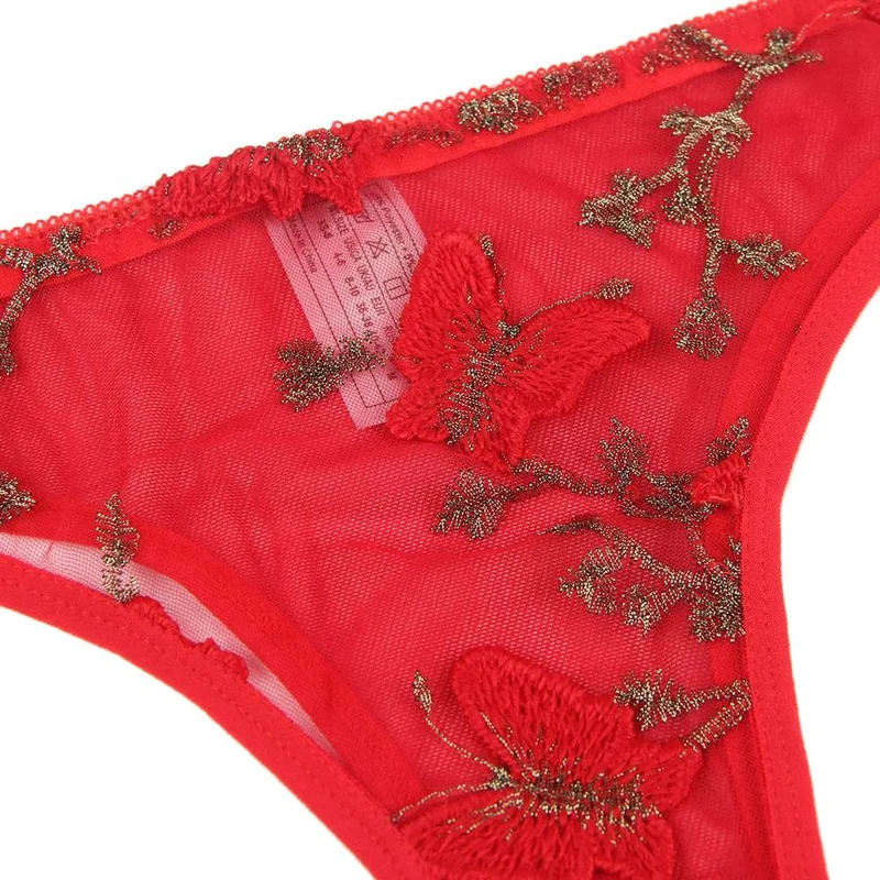 Rotes 3D-Stickerei-Mesh-Bügel-Crop-BH-Set mit Bauchnabelausschnitt und gekreuztem Höschen