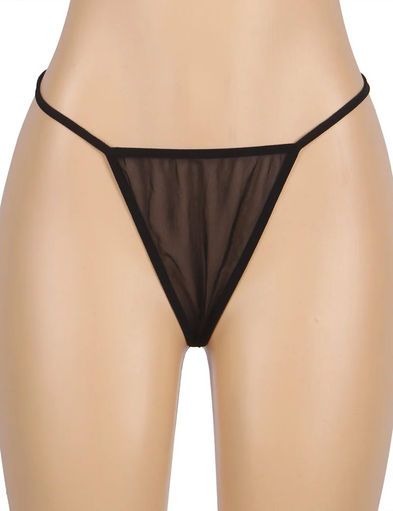 Schwarzes Babydoll aus Mesh mit tiefem V-Ausschnitt, Spitzendetails, wasserlöslichen Blumenträgern und passendem String-Set