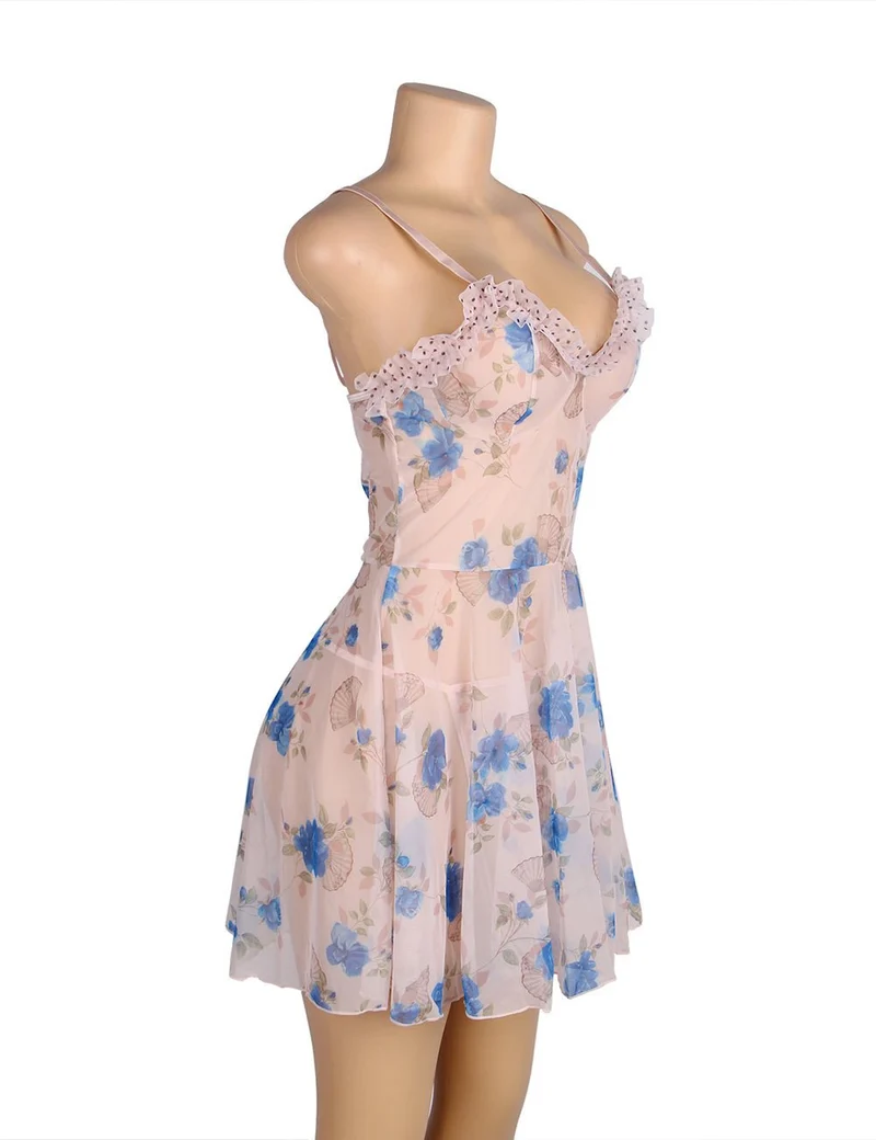 Blaues, bedrucktes Babydoll aus Mesh mit Rüschen und gepunkteten Cups, verstellbaren Trägern und passendem String-Set