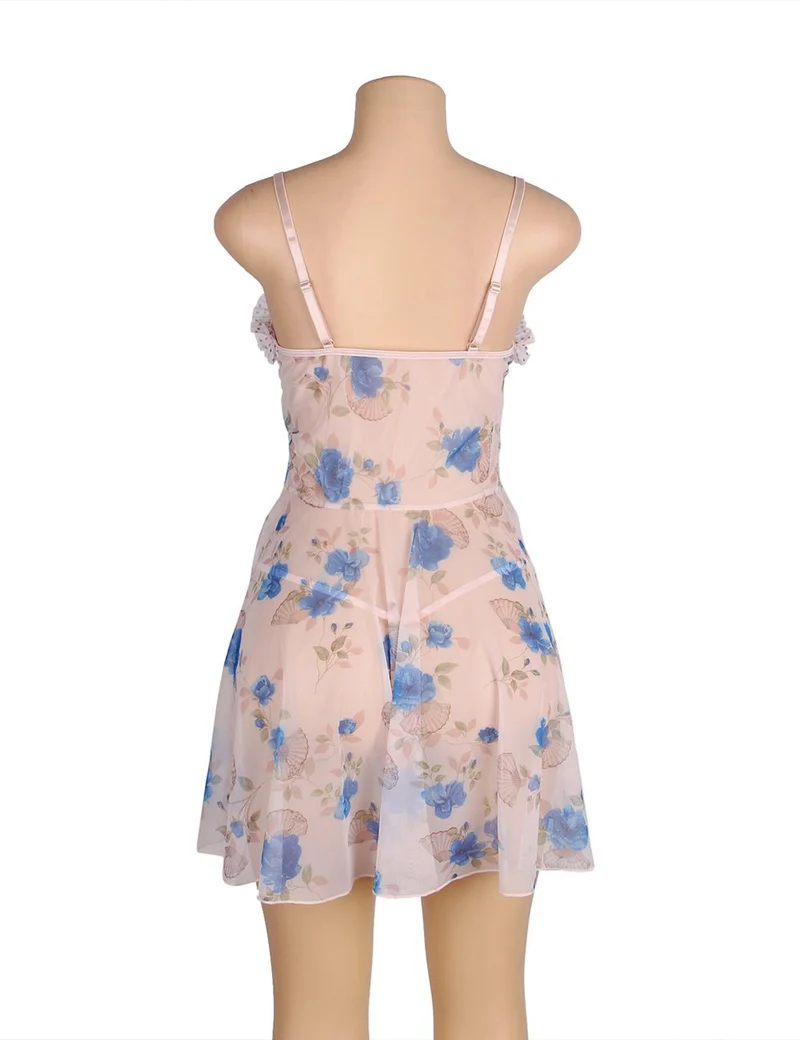 Blaues, bedrucktes Babydoll aus Mesh mit Rüschen und gepunkteten Cups, verstellbaren Trägern und passendem String-Set