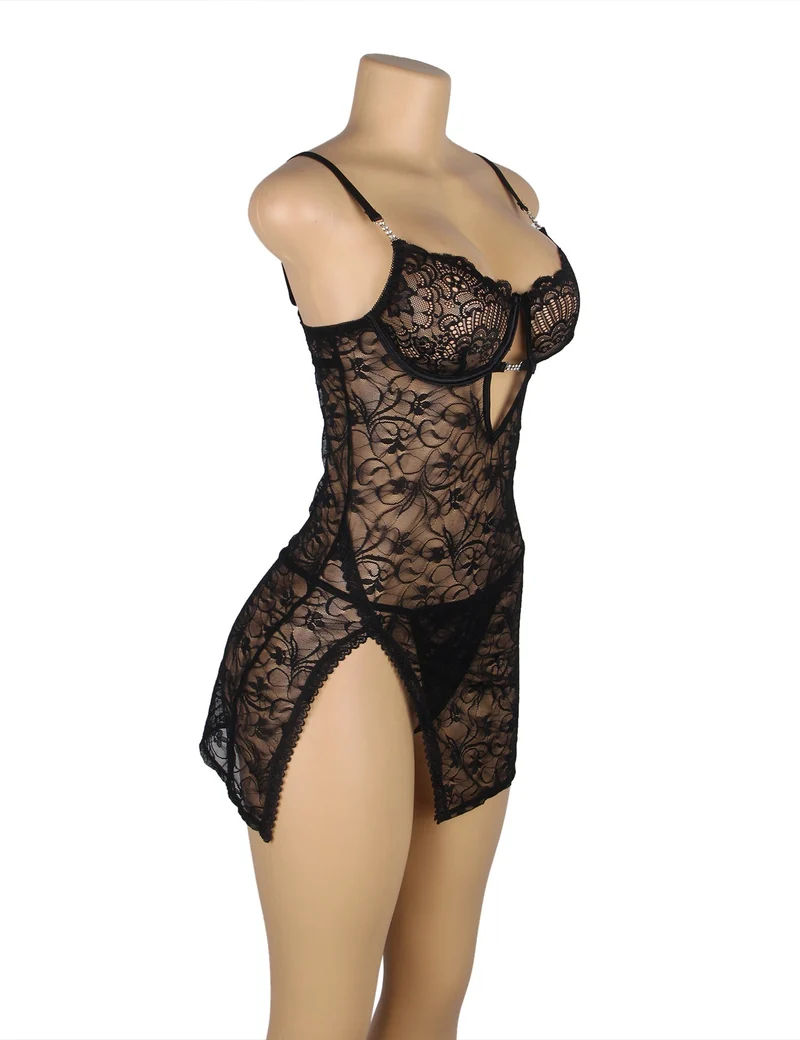 Schwarzes Babydoll aus Spitze mit Bügeln, herzförmigem Spitzen-Seitenschlitz und verstellbarem Rückenverschluss
