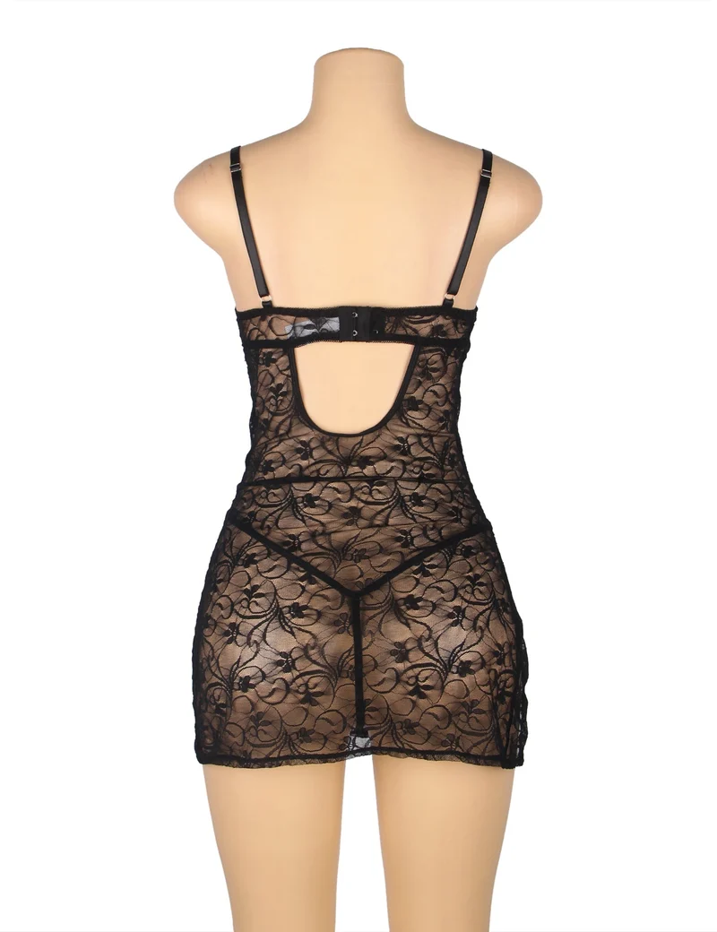 Schwarzes Babydoll aus Spitze mit Bügeln, herzförmigem Spitzen-Seitenschlitz und verstellbarem Rückenverschluss