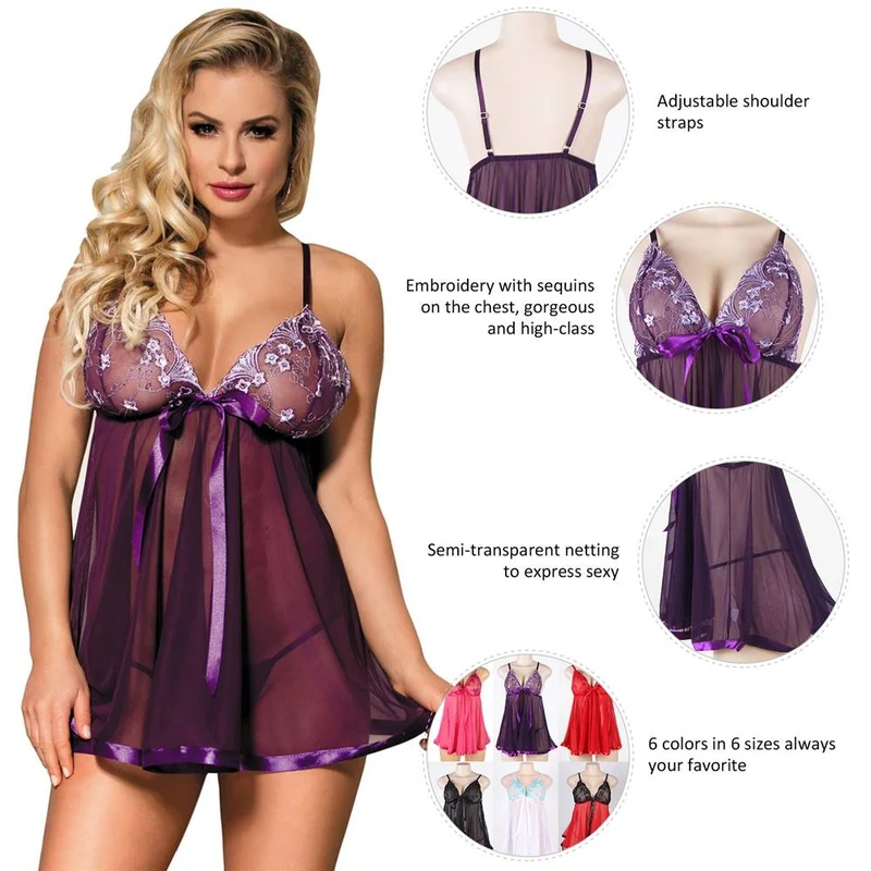 Set aus dunkelviolettem, paillettenbesticktem Mesh-Babydoll und String