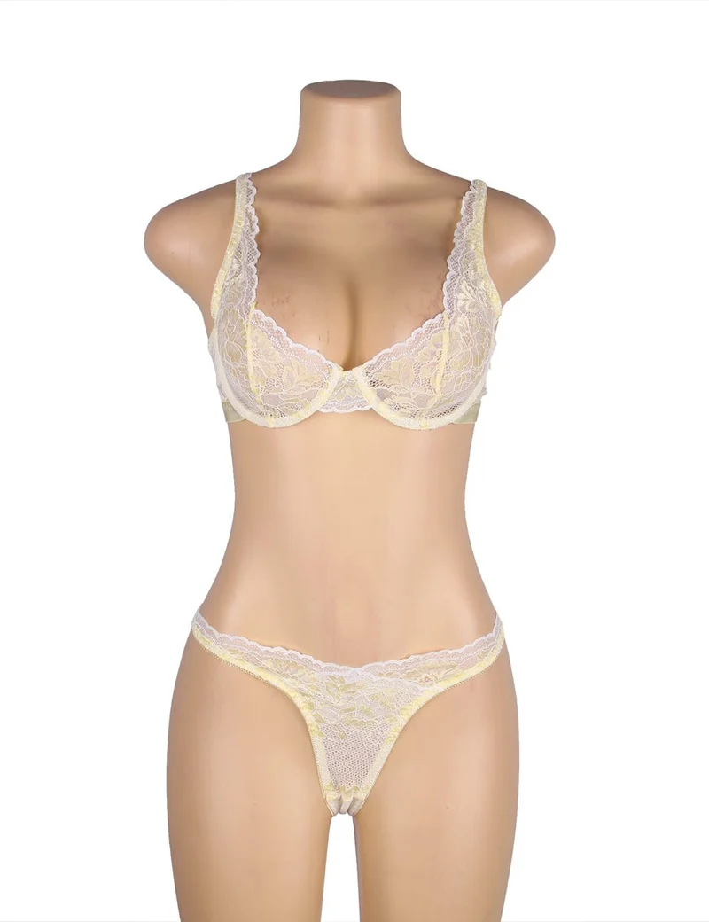 Gelbes, zweifarbiges Spitzen-BH-Set – mit Bügel und breitem Gummiband