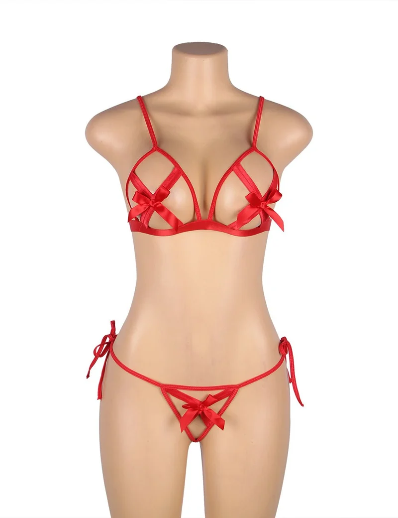 Rotes BH-Set mit Schleife und Lochmuster – Hakenverschluss & Armband