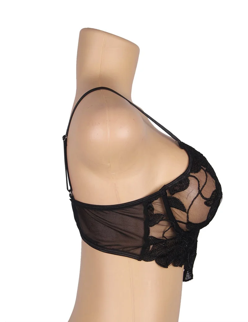 Schwarzes BH-Set mit 3D-Stickerei und Spitze – mit Bügeln und herzförmigem Cup-Design