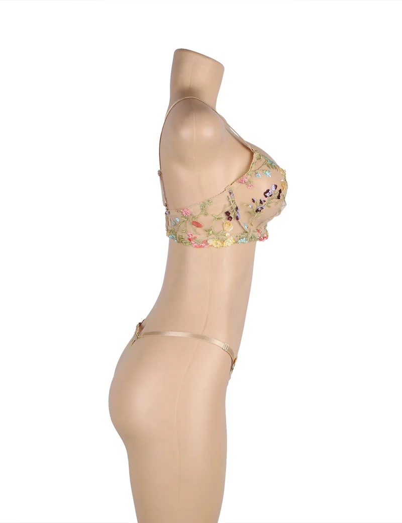 Gelbes 3D-Stickerei-Mesh-Dessous-Set – mit Bügeln und verstellbar