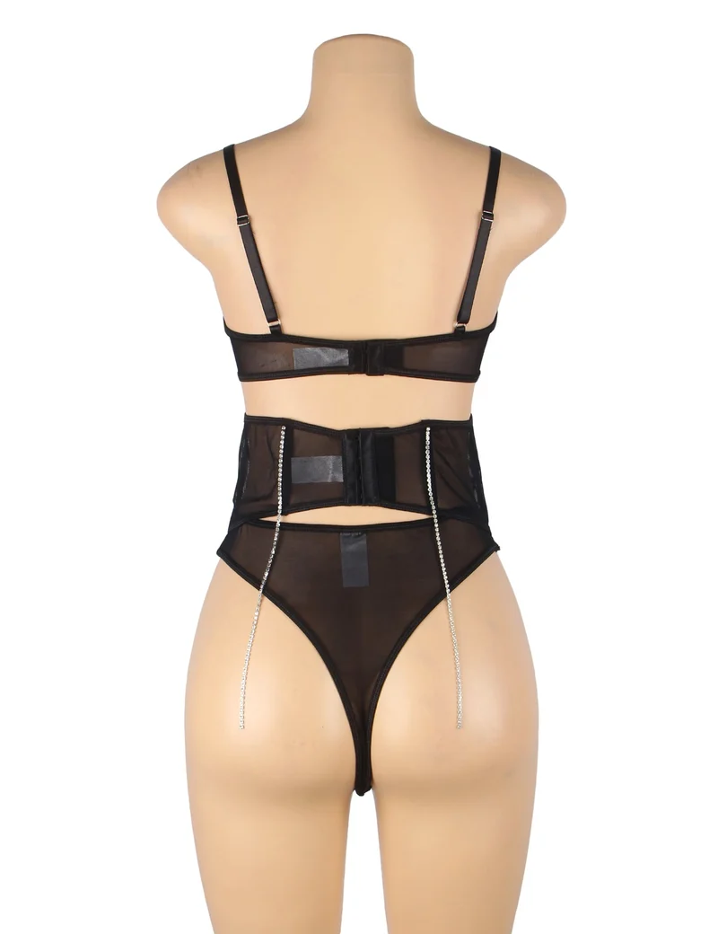 Schwarzes Dessous-Set aus Mesh mit Strasssteinen – Bügel- und Stäbchenformer