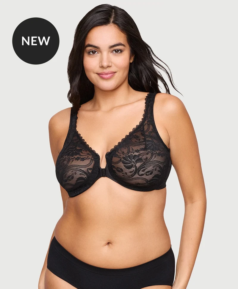 Front-Closure Stretch Lace Posture Back WonderWire Bra Black