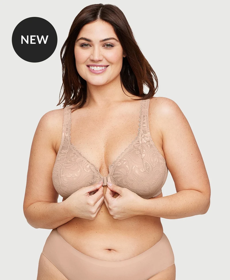 Front-Closure Stretch Lace Posture Back WonderWire Bra Cafe