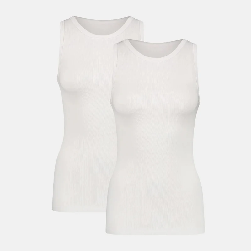 2er-Pack: Weißes Bambus-Tanktop mit Rippenmuster und breiten Trägern