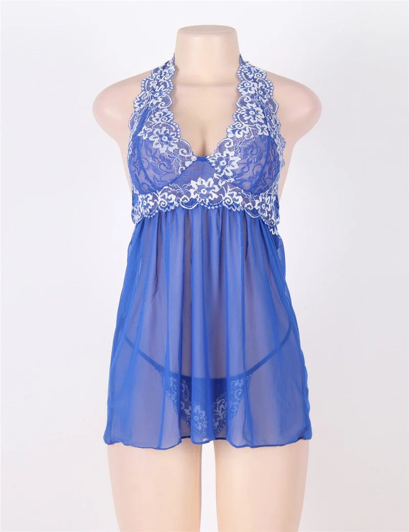 Set aus blauem, zweifarbigem Babydoll und String mit Spitzenbesatz und Neckholder aus Mesh.
