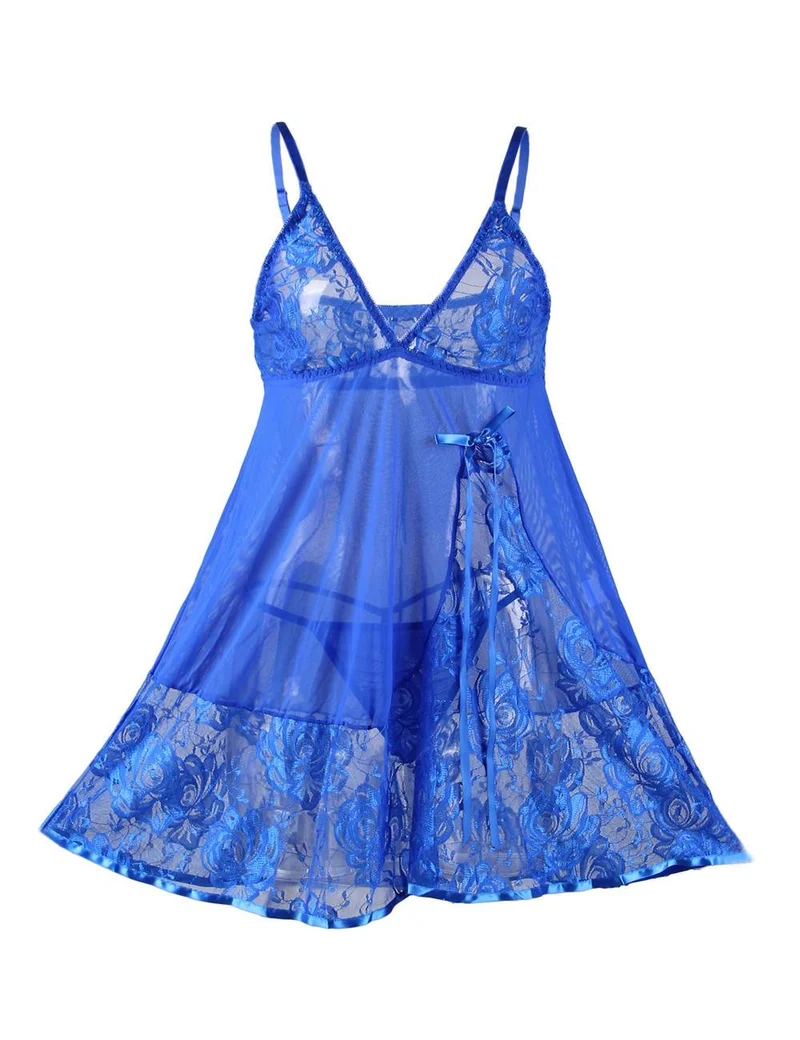 Blaues Babydoll- und String-Set aus tief ausgeschnittener Schmetterlingsspitze und Mesh mit tiefem V-Ausschnitt