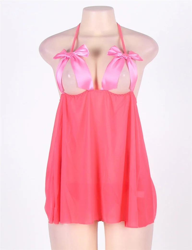 Rosa Babydoll- und Höschenset aus Mesh mit Schmetterlingsknoten-Ausschnitt und Neckholder.