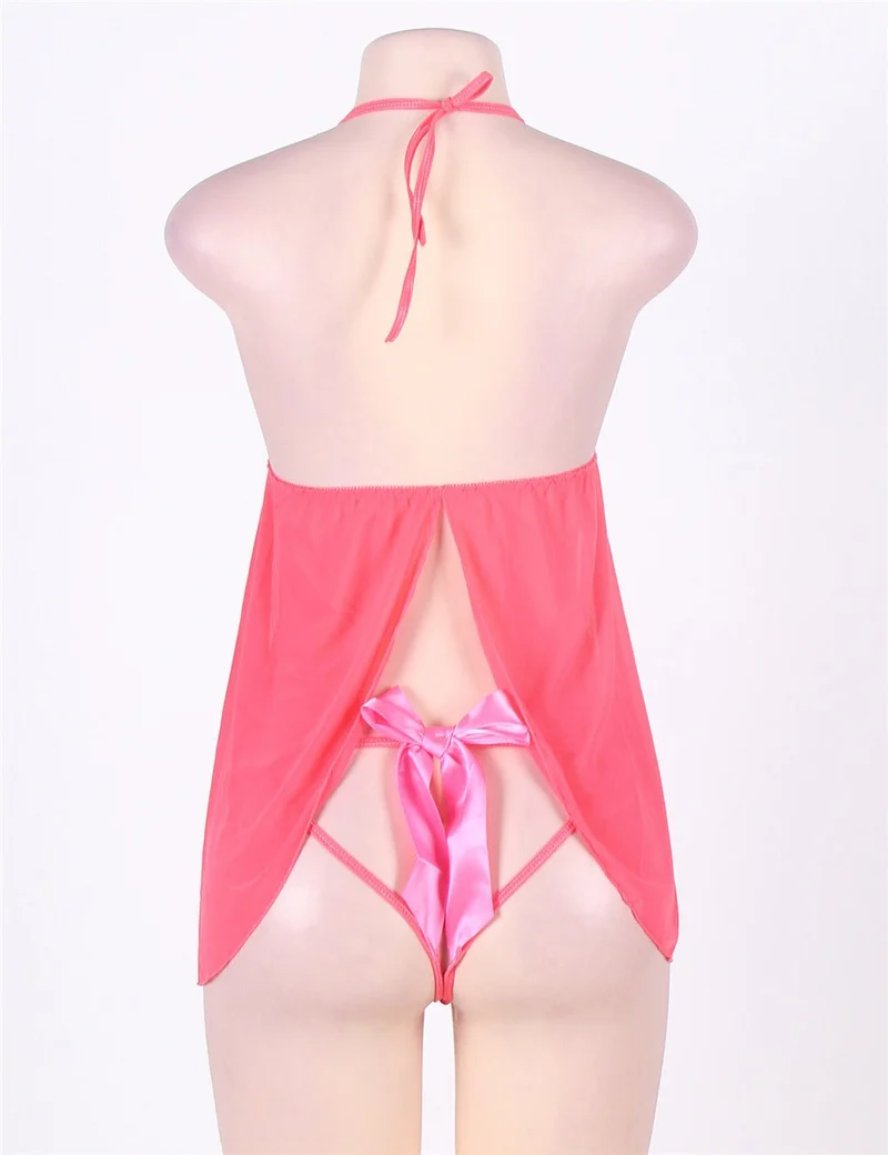Rosa Babydoll- und Höschenset aus Mesh mit Schmetterlingsknoten-Ausschnitt und Neckholder.